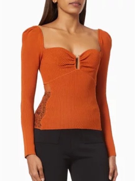 Self-Portrait Cinnamon Ribbed Knit Top Lace Panel Cutout Women Size L